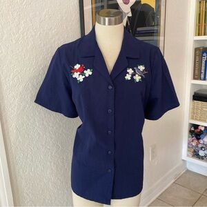 Vintage Navy Blue Short Sleeve Shirt with Floral Embroidery